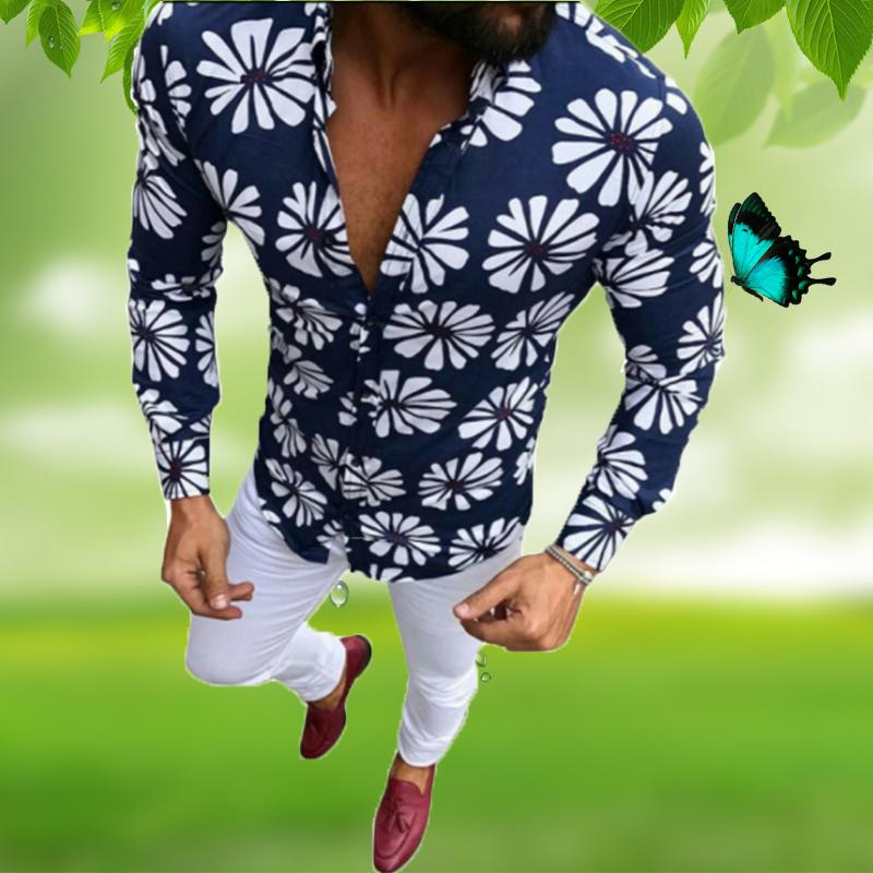 

Mens Casual Shirts long sleeve Hip hop top retro floral dresses Shirts men printed color fashion shirt trend BLOUSE, Blue