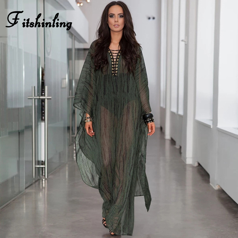 

Fitshinling Lace Up Chiffon Maxi Dresses Women Beach Outing BOHO Oversized Robe Kaftan Batwing Sleeve Sheer Sexy Long Dress New