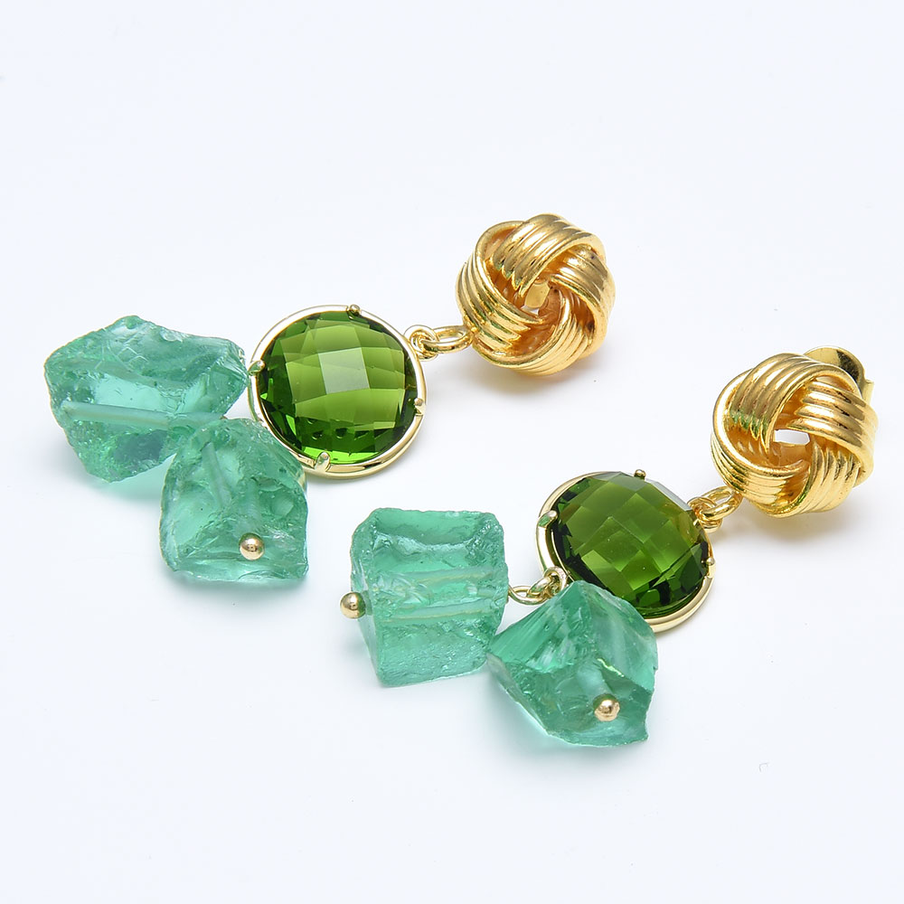 

GuaiGuai Jewelry Natural Green Glass Quartz Green Crystal Connector Gold Plated Flower Stud Earrings Handmade For Women