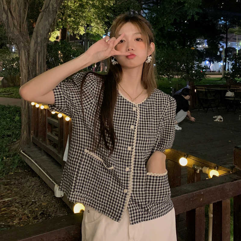 

LY VAREY LIN Summer Women Casual O-neck Single Breasted Plaid Short Shirts Fashion Office Lady Puff Sleeve Pocket Tops 210526, Black