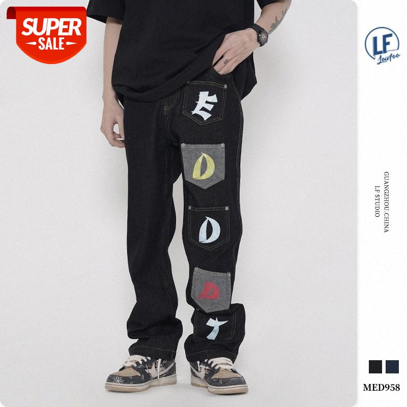 

LawFoo Men's Multi-pocket Letter Print Jeans Casual Pants #sg8r, Black