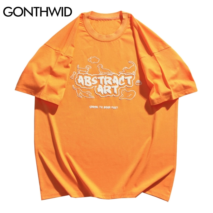 

Harajuku Streetwear Tshirts Cartoon Dog Cat Casual Loose Tees Shirts Summer Fashion Hip Hop Short Sleeve Cotton Tops 210602, Orange