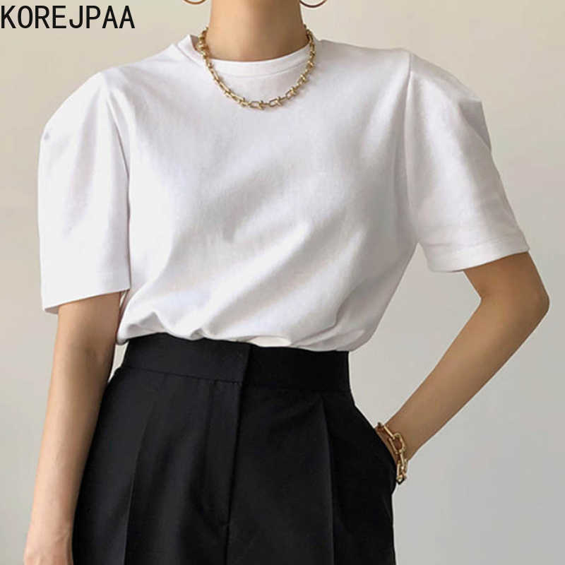 

Korejpaa Women T-shirt Korea Chic Summer Leisure Wild O-neck Simple Loose Split Solid Color Short Bubble Sleeve Tee Top 210526, White