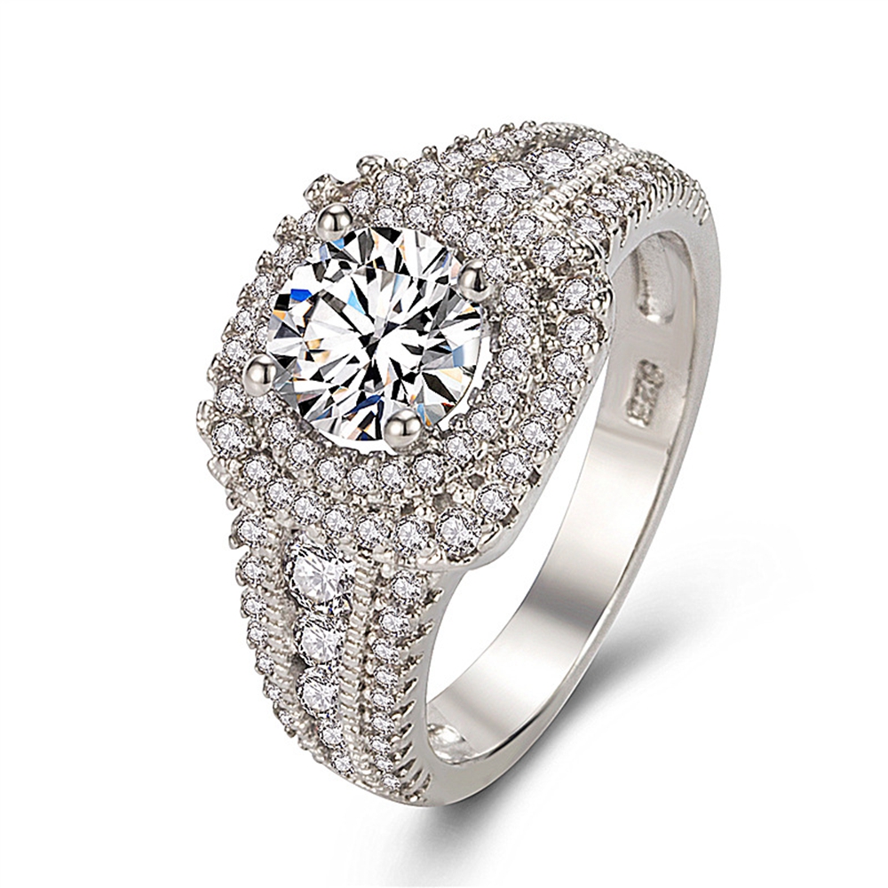 Round Cut 4-Prong Setting Wedding Women Ring Band 18k White Gold Filled Halo Crystal Inlaid Fashion Gift-image-713891228