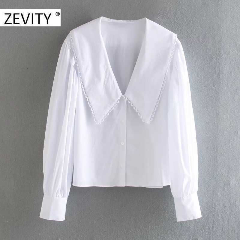 

ZEVITY women sweet peter pan collar lace stitching casual poplin blouse shirts women puff sleeve white chemise chic tops LS7201 210603, As pic ls7201cc
