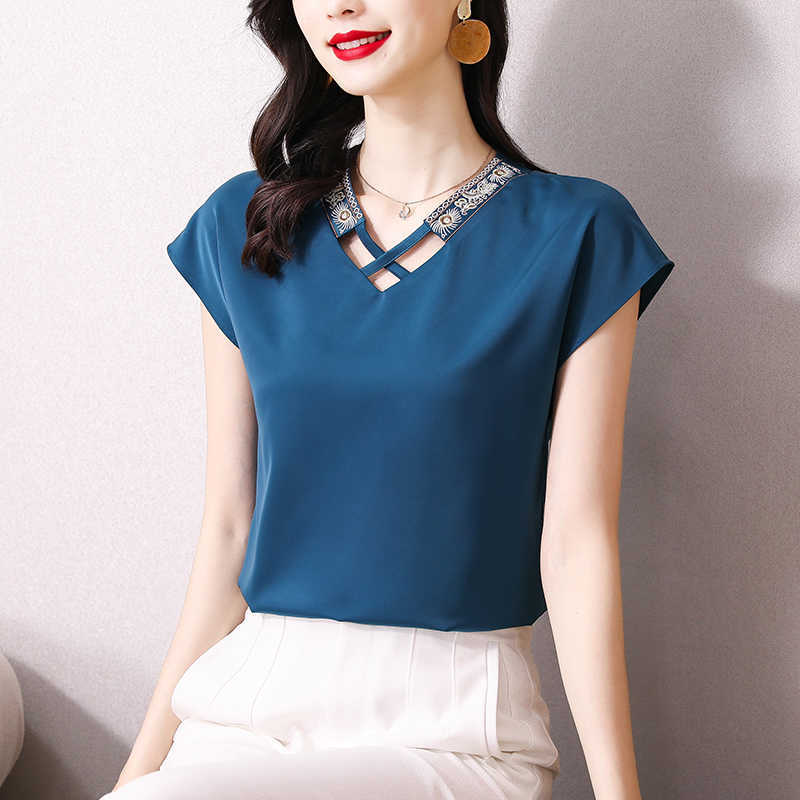 

Women' Shirt Summer Blouses for Women Short Sleeve Solid Shirts Clothing Apricot V-neck Woman Fashion Basic 210604, Malachite blue