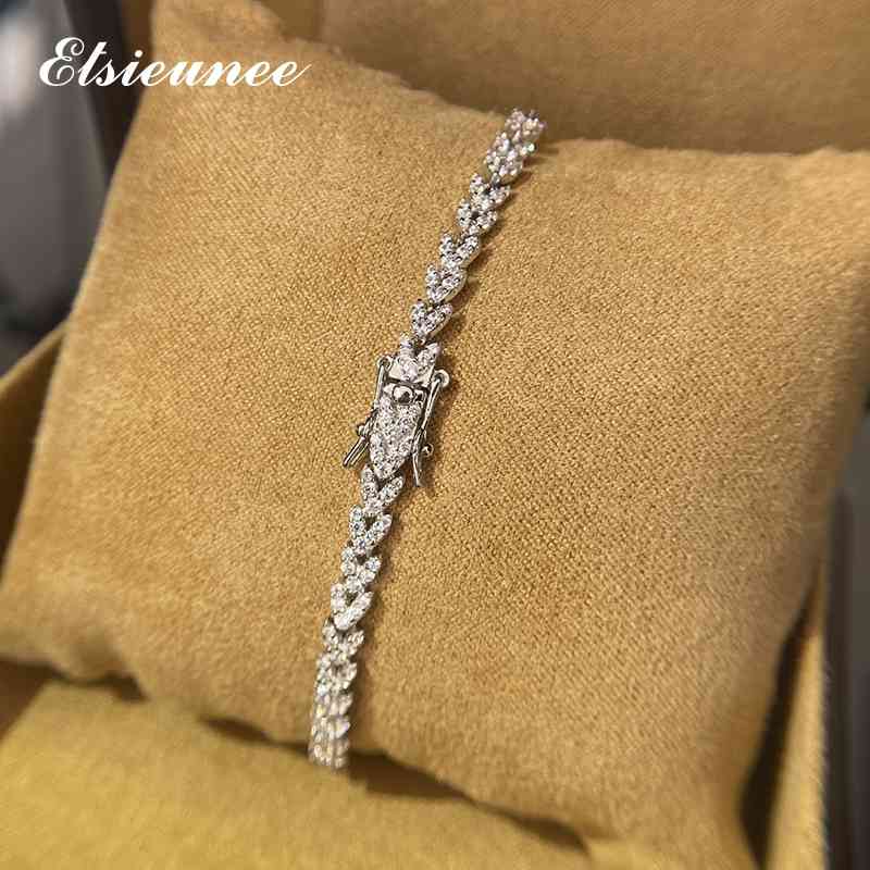 

ELSIEUNEE 100% 925 Sterling Silver Leaf Simulated Moissanite Gemstone Wedding Charm Bracelets Bangle Fine Jewelry Drop