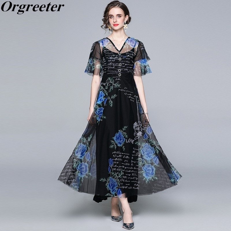

Arrival Printed Mesh Dress 2 Piece sets Female V-neck Flare sleeve Button Slim A-line Maxi Robe Femme With Sling 210525, Black