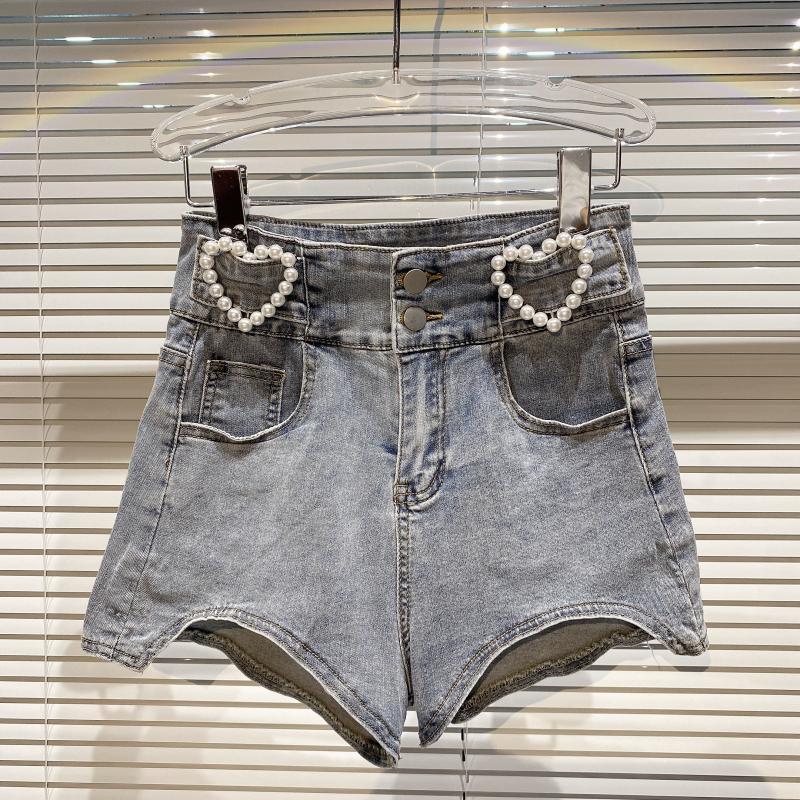 

Spring Summer Fashion Casual Pearl Nail Bead Waist Stretch Slim Temperament Denim Shorts Women SK077 210525, Blue