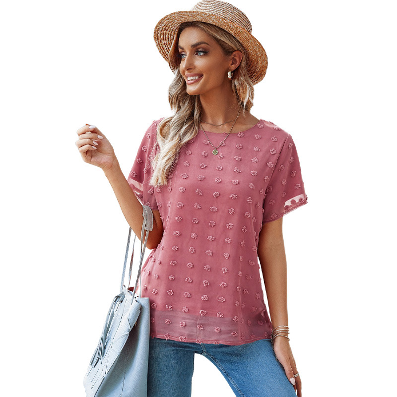 

Chiffon Sheer Blouses Women Summer Polka Dot Top Embroidery O-neck Short Sleeve Loose Casual Fashion Plus Size White Gauze Shirt, Sky blue