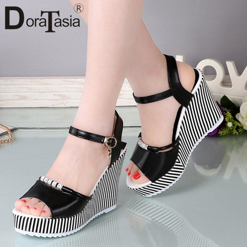 

Classic Fashion Brand Striped Platform Sandals Summer Date Women Sweet High Wedges Shoes Woman, Black