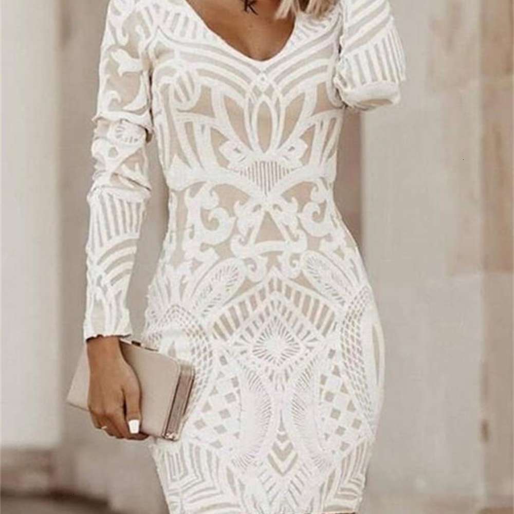 

Casual Dresses Autumn women' light V-neck sexy mh embroidery Long Sve drs, White