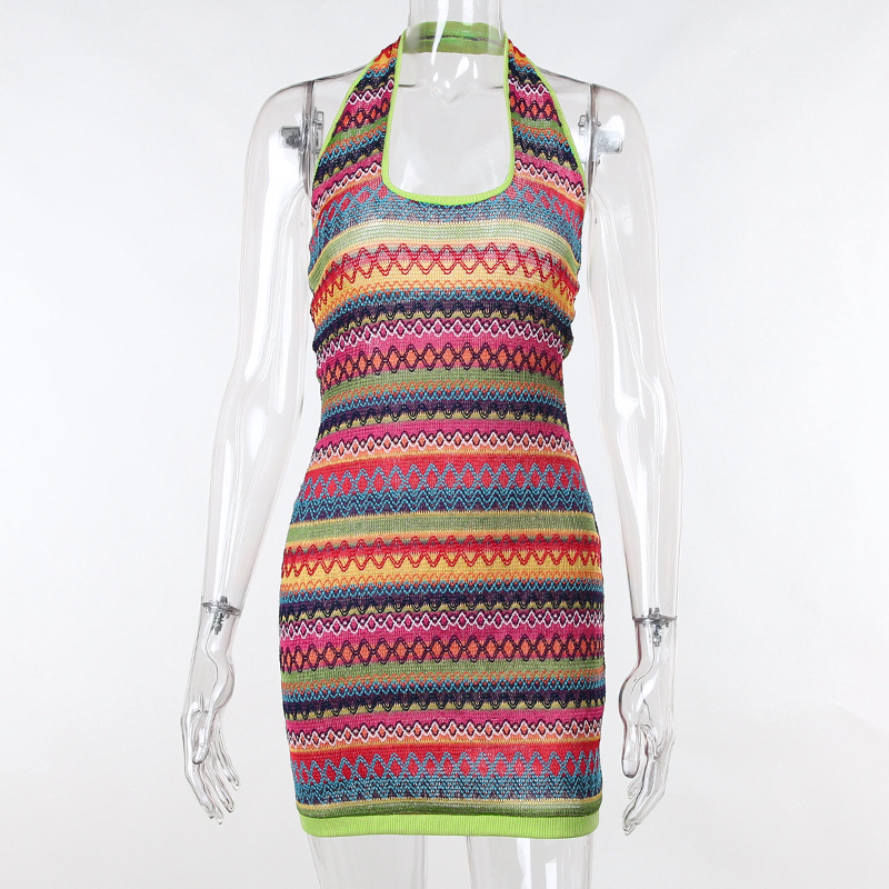

viifaa halter neck vacation bodycon knitted multicolor tank dress for women backless mini length beach casual dresses summerplus size clothe, Black;gray