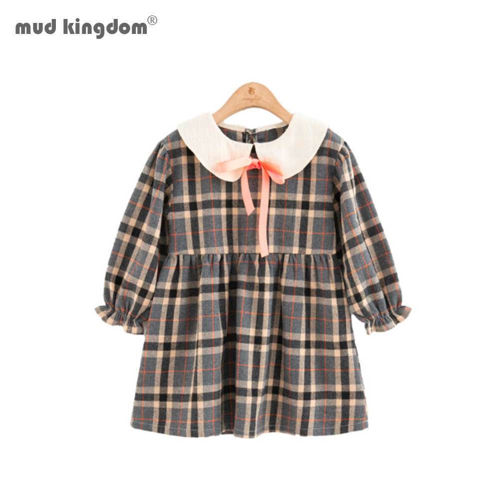

Mudkingdom Kids Dress for Girl Ruffle Cuff Princess Autumn Girls Plaid Peter Pan Collar 210615, Gray
