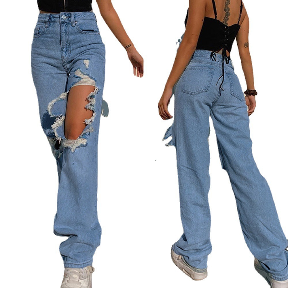 

autumn and winter 2021 large women's jeans street straight hol show thin women, Blue