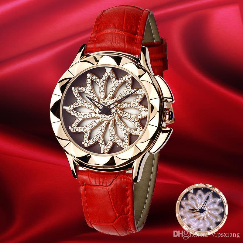 

Luxury Women Revolving Watch feminine Fashion Rhinestone Dress Watches High Quality clock Leather strap Rotate Flowers the Gift for Lover, Red