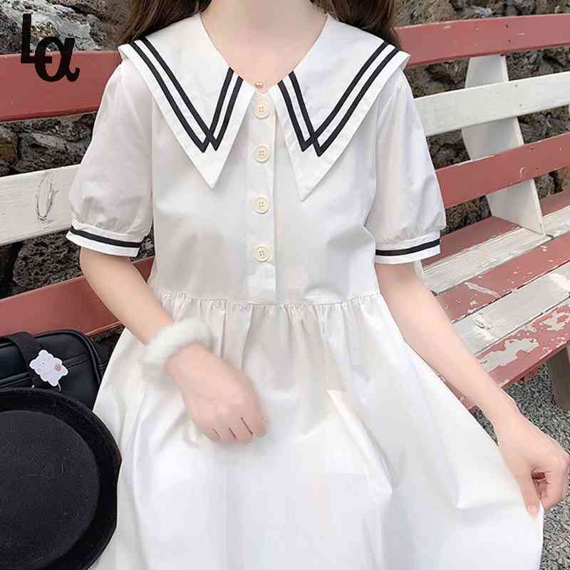 

Harajuku Women Summer Solid Japanese Preppy Style A-line Dress Short Sleeve Navy Sailor Collar Lolita Botton 210519, Blue
