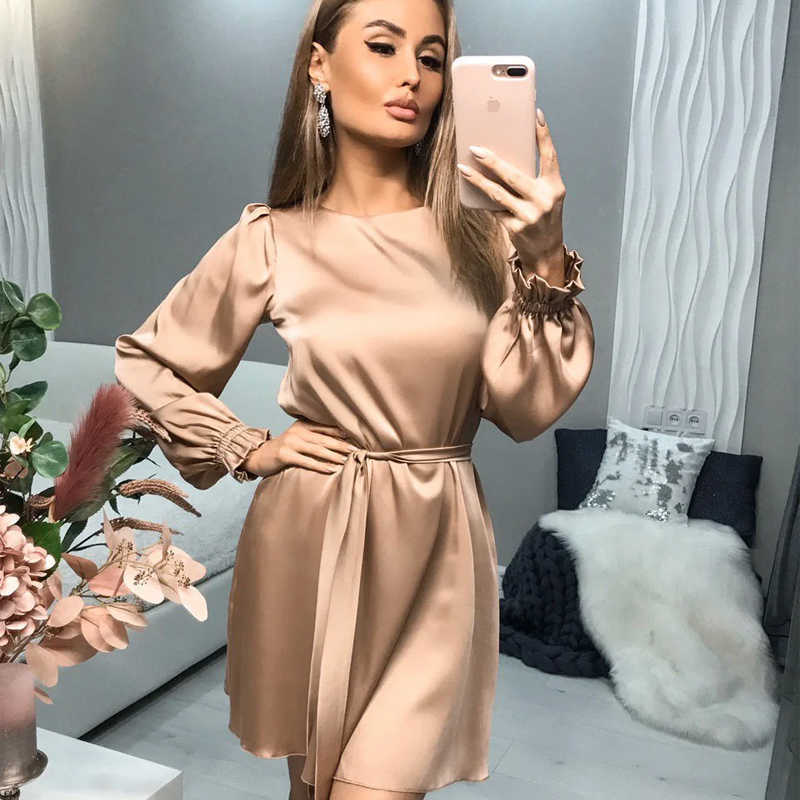 

Women Casual O-Neck Satin Mini Dress solid Lantern Sleeve Sashes A Line Party Dress 2021 New Fishtion Spring Women Elegant Dress p0809, Purple