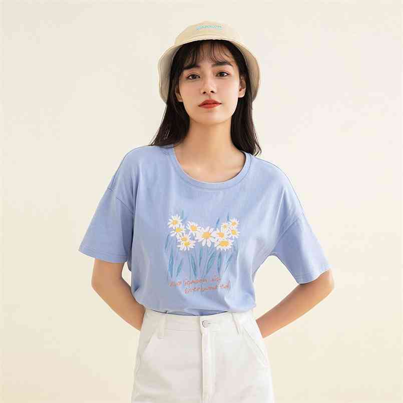 

INMAN Summer Cotton T-Shirt Girl Classic Daisy Flower Graphic Print English Embroidery Women Elegant Causal Short Sleeve Tops 210708, Sky blue