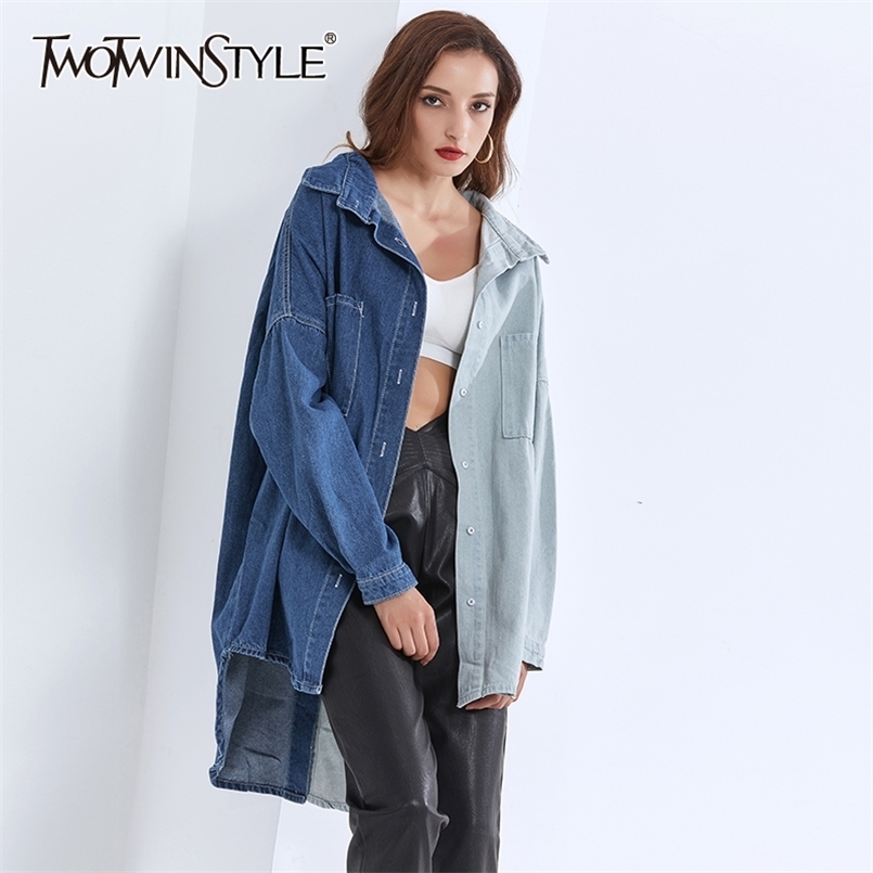 

Denim Casual Shirt Women Long Sleeve Asymmetrical Patchwork Blouse Tops Female Spring Fashion Clothes 210524, Blue shirt