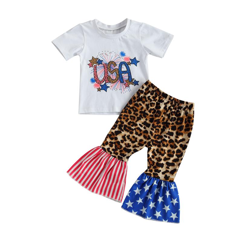 

Clothing Sets Independence Day Summer Baby Girls Clothes Letter Printed Short Sleeve T Shirts Leopard Flare Pants 0-3Y, White