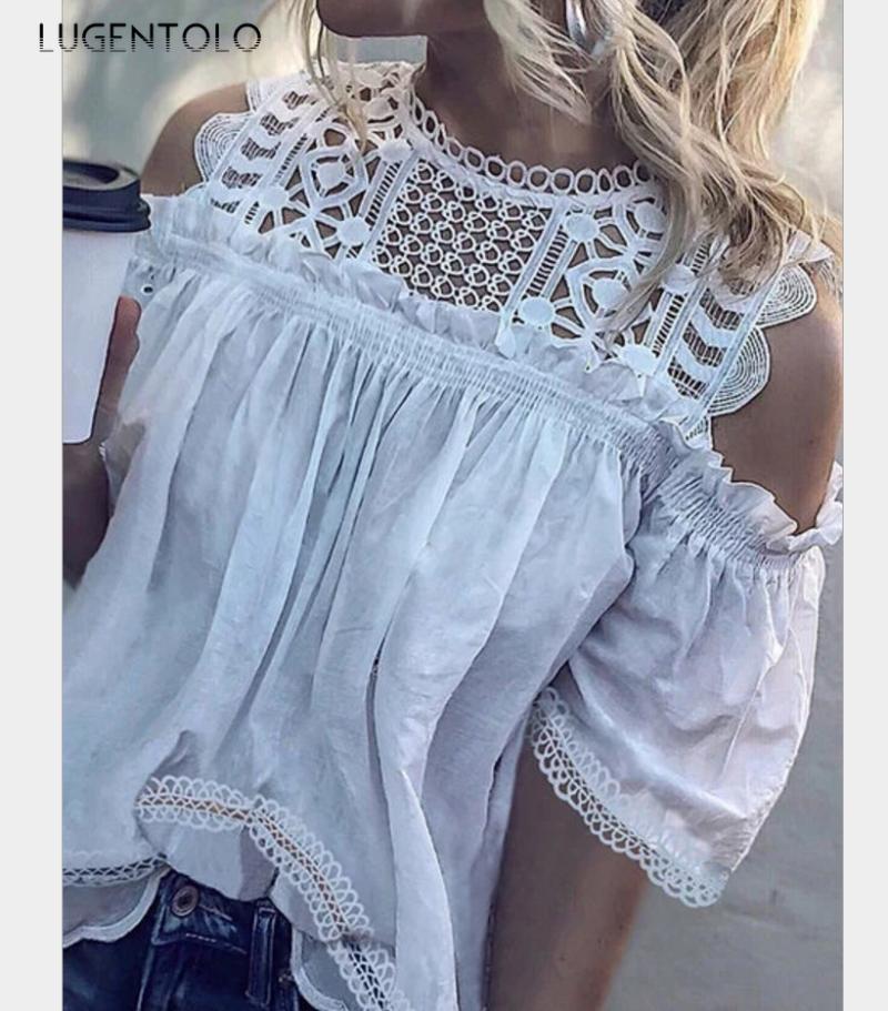 

Women' Blouses & Shirts Lugentolo Shirt Summer Cutout Casual Round Neck Shoulder Tops Solid Half-Sleeve Female Fashion All-match, Black