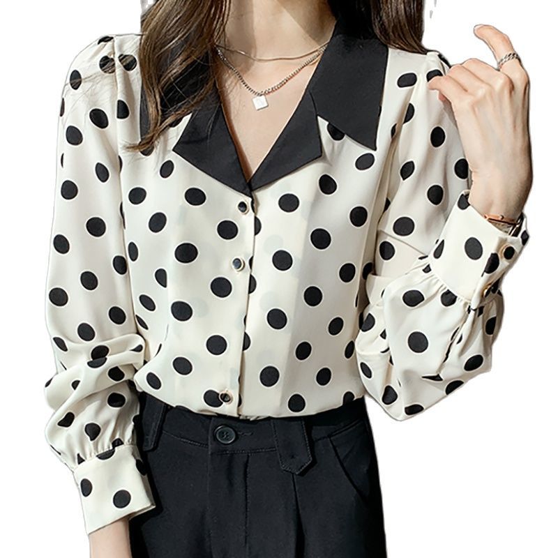 

Women' Blouses & Shirts Polka Dot Chiffon Blouse V-Neck Buttons Woman Clothes Summer Tops Long Sleeve Shirt Women Chemisier Femm, Photo color