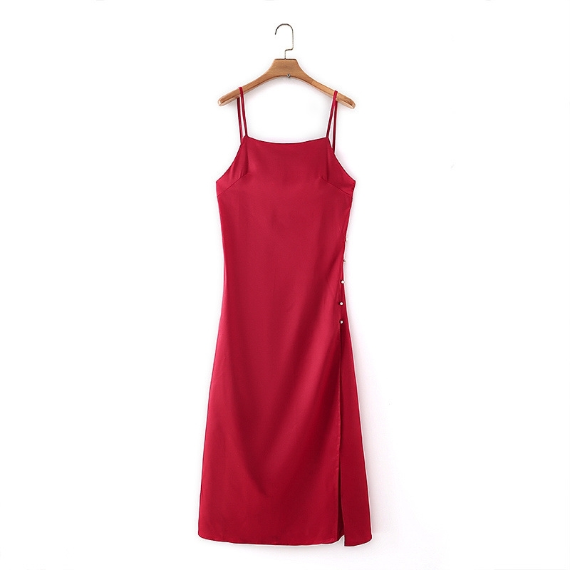 

Spring Autumn Women's Fashion Satin Sexy Spaghetti Strap Dress Solid Silk Texture Sling Open Back Loose 210607, Red
