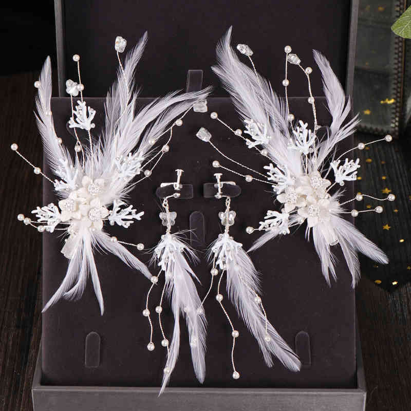 

3 Pcs Silver Color Feather Women Jewelry Crystal Bridal grip Earrings Set Flower Wedding Accessories Two Hair Clip