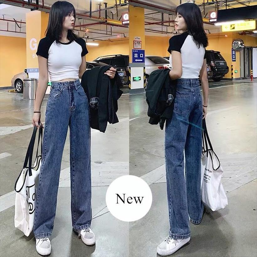 

vintage spring casual denim women jean wide leg loose pants full length oversize high waist, Blue