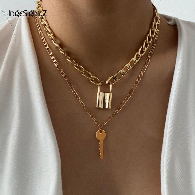 

IngeSight.Z 2Pcs/Set Vintage Multi Layer Padlock Choker Necklace Fashion Gold Color Lock Key Pendant Necklaces For Women Jewelry Chains