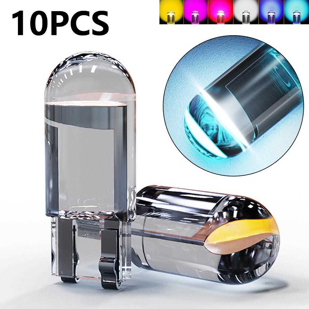 

10 Pcs New W5W T10 Glass Housing Car LED Bulb 6000K White Blue Red Yellow Wedge License Plate Lamp Dome Light Atmosphere Bulbs
