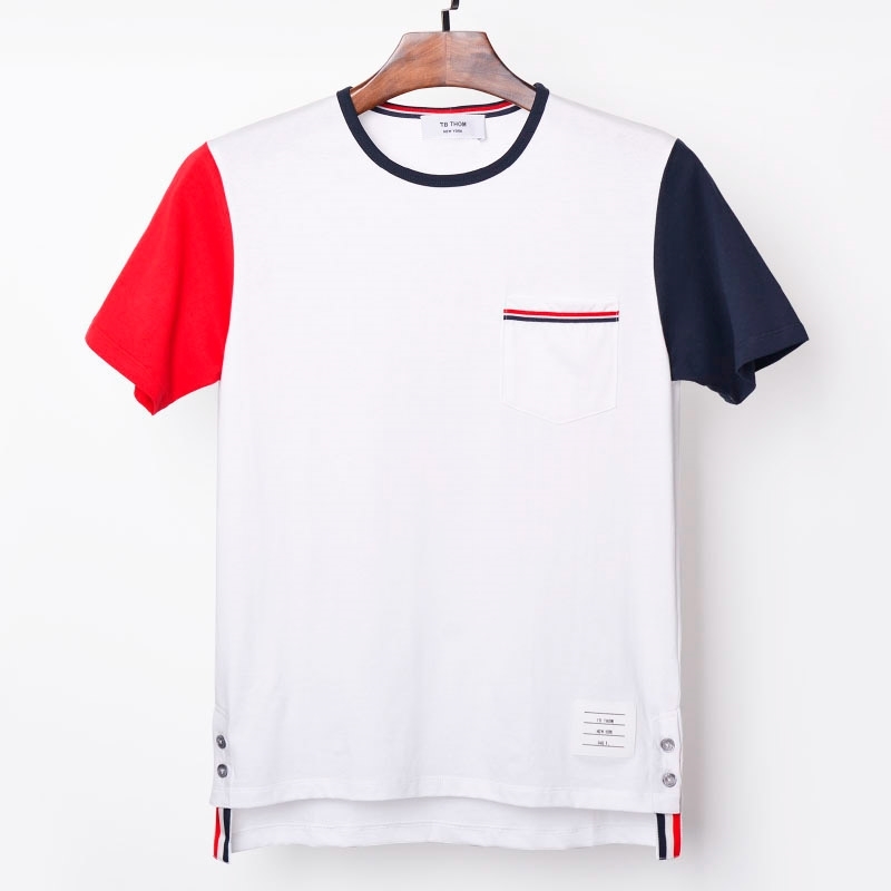 

Red white blue color contrast new TB Thom short sleeve men's T-shirt Korean slim casual round neck top large, White;black