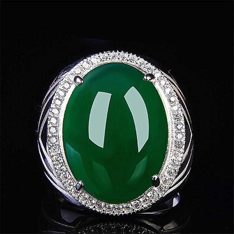 

Cluster Rings Oval Green Jade Gemstones For Men Zircon Diamonds White Gold Silver Color Jewelry Masculine Vintage Royal Band Arabia Gift