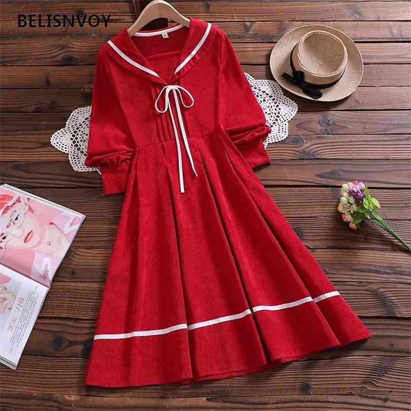 

Japanese Preppy Style Vintage Corduroy Dress Sailor Color Bow Lace Up Vestidos Femininos Autumn Winter Elegant Chic 210520, Red