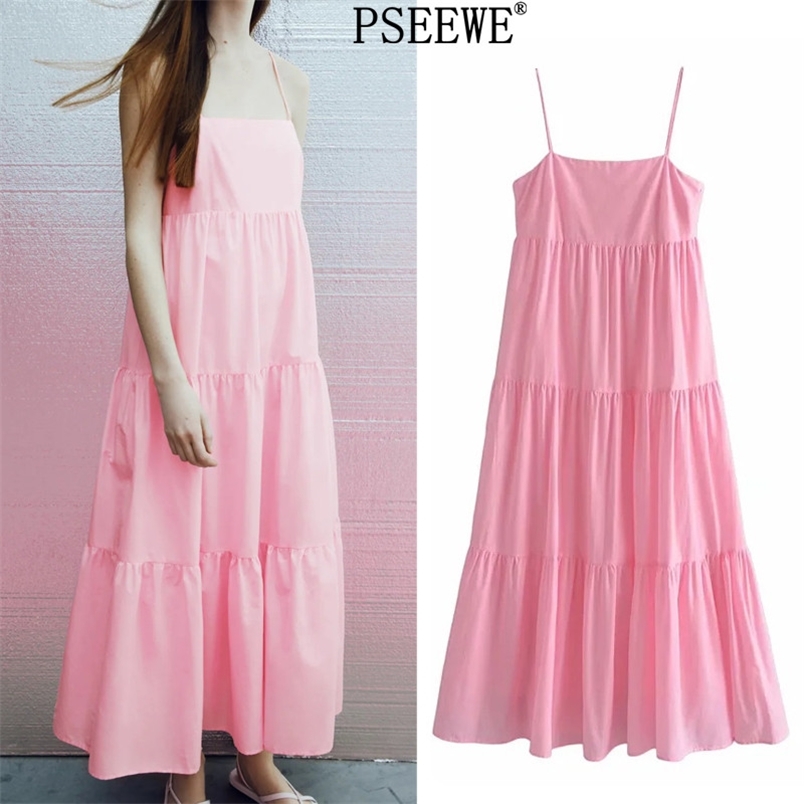 

Dress Woman Pink Slip Long Summer Female Spaghetti Strap Sleeveless Ruffle Women es Beach Sundress 210519