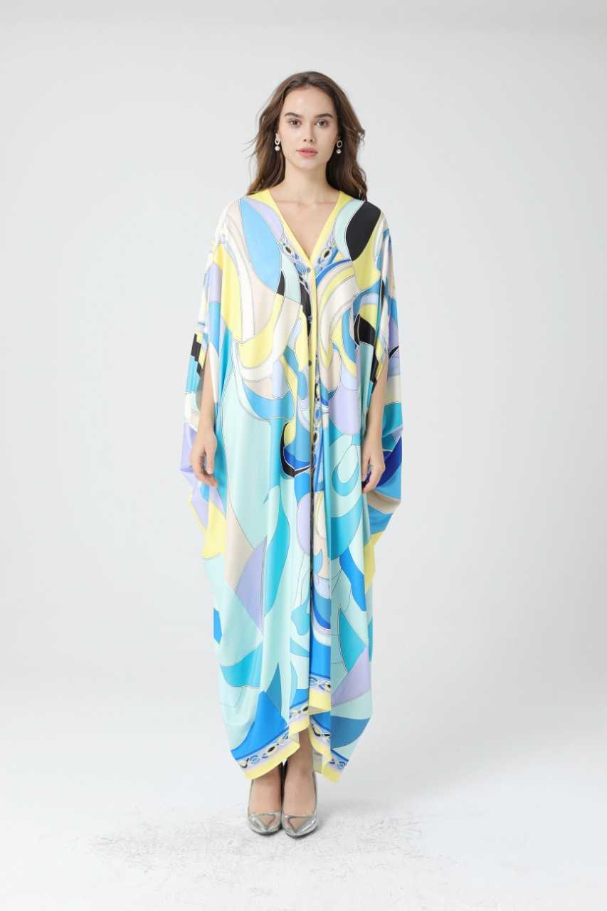 

Geometric Print Plus Size Robe Knitted Silk V-Neck Batwing Sleeve A-Line Ankle-Length Summer Dress for Women 210615, Blue