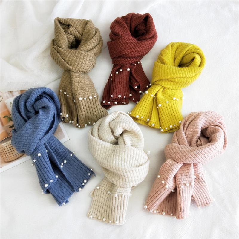 

Scarves Women Double-Row Pearl Knitted Wool Scarf Autumn And Winter Korean Style Long Wild Fashion Student Small Warm