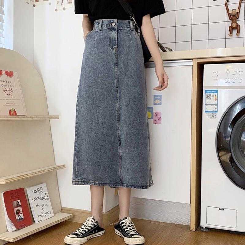 

Skirts Women Denim Korean Style Button Pocket Harajuku Elastic High Waist Back Split Calf-Length Skirt Casual Streetwear 210526, Blue