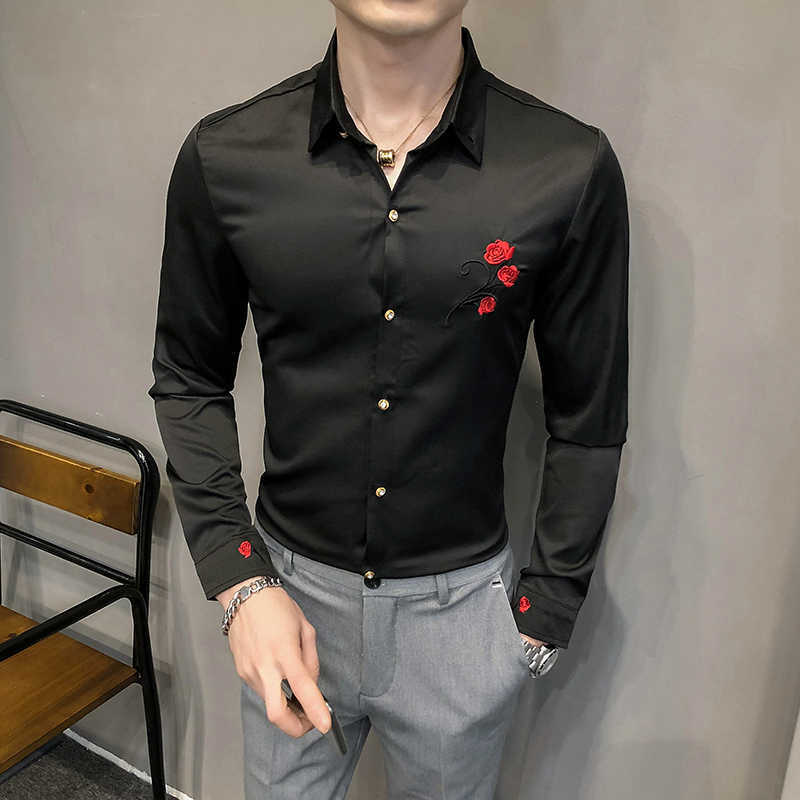 

Rose Embroidery Shirts for Men Formal Business Dress Shirts Long Sleeve Slim Fit Casual Shirt Stage Singer DJ Blouse Streetwear 210527, Black