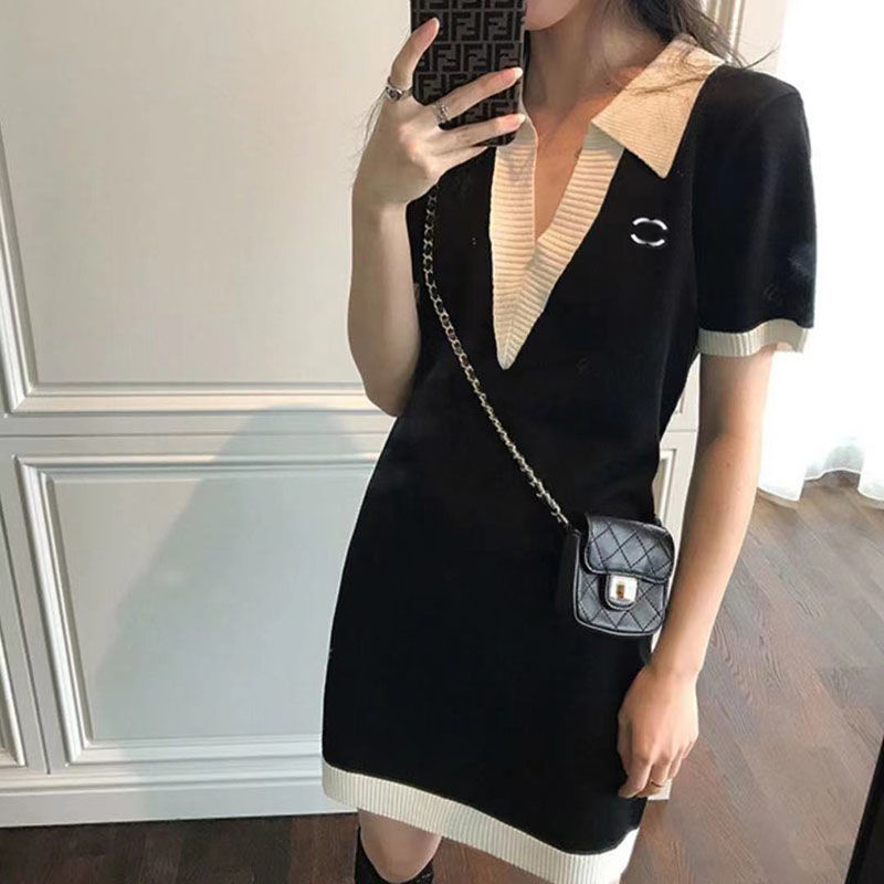 

Women' dresses, High version of polo collar black and white spell color classic dress letter embroidery temperament show thin slim skirt