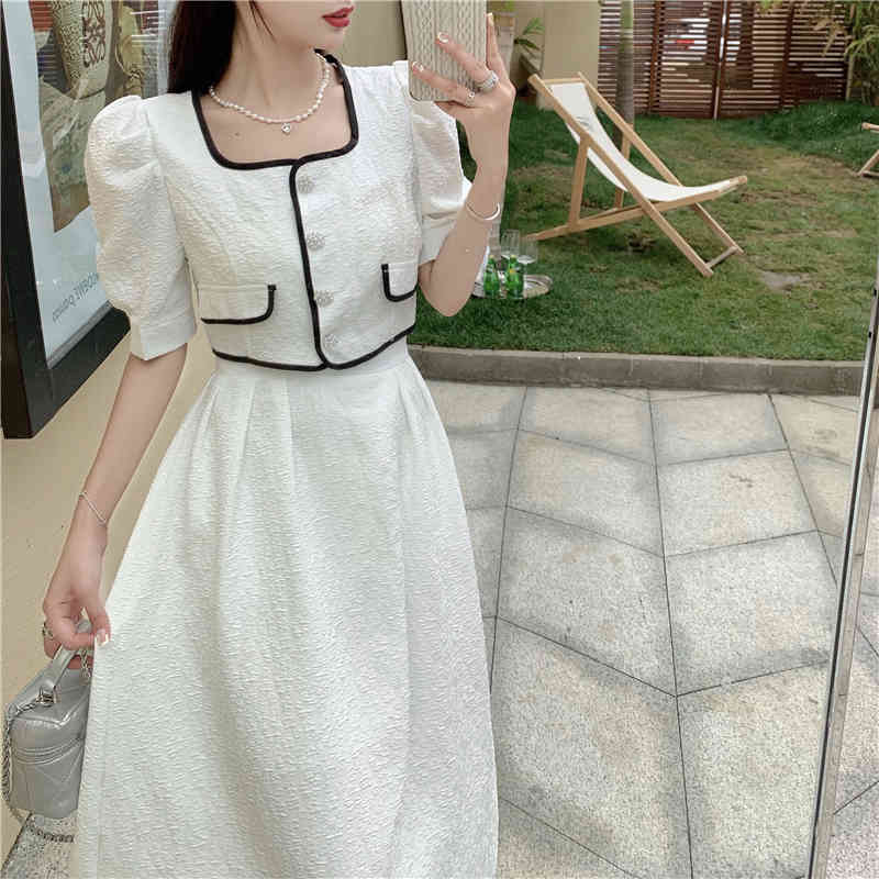 

Sweet Fashion Suits Women' Summer Temperament Puff Sleeve Pearl Button Short Top White Long Mid Skirt Two-piece Set Female 210525, Black