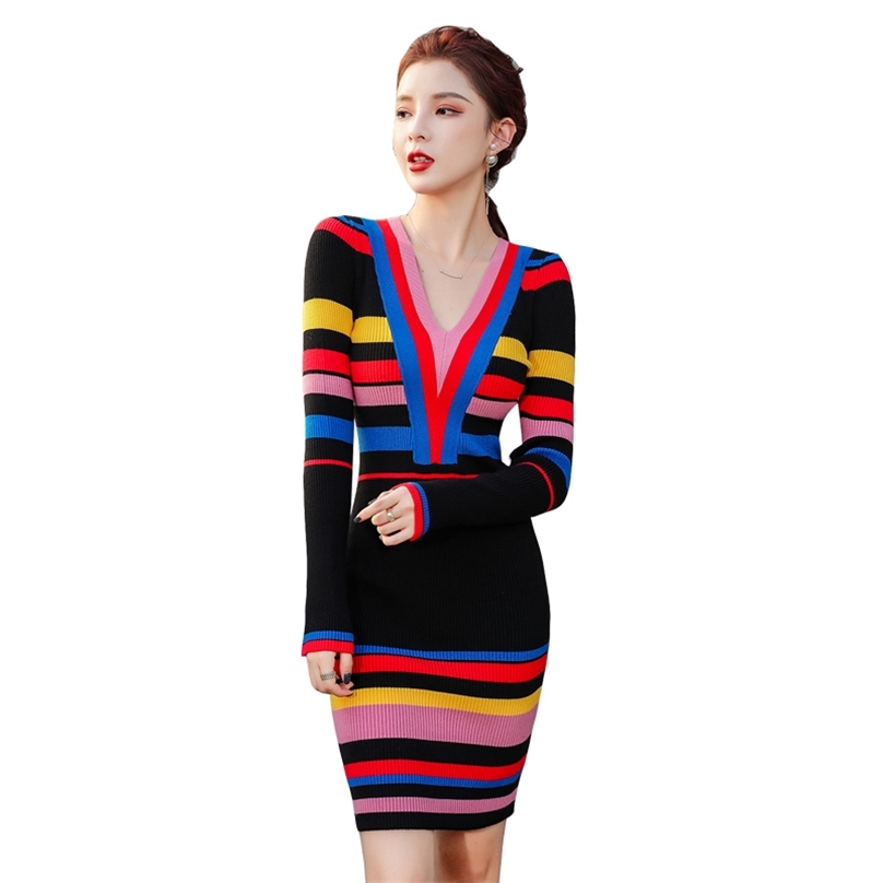 

Stripe Knit Dresses Laides Korea WInter Long Sleeve V neck Soft harajuku Dress for women clothing 210602, The picture color