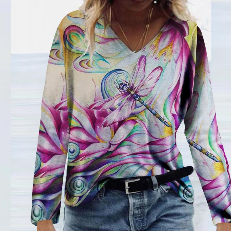 

Women's Blouses & Shirts Fashion Women Flower Printed Long Sleeves V-Neck Casual Tee Tops Blouse Vintage Woman Floral Print Mujer Camisetas, White