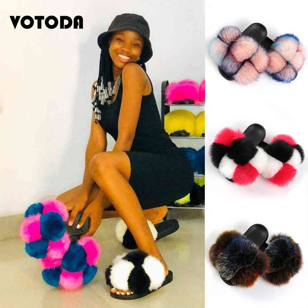 

Summer Women Fur Slippers Pom ry Slides Ladies Cute Ball Flip Flops Fluffy Faux Sandals Outdoor Rainbow Shoes, Mixed color d
