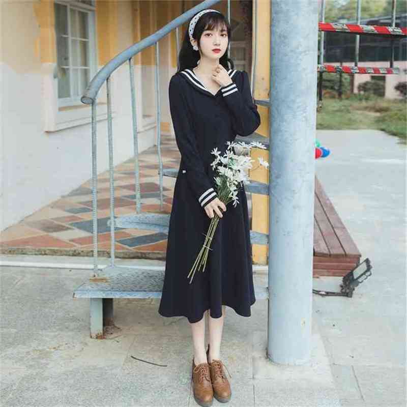 

Black Solid Vintage Long Women Dress Spring Elegant Full Sleeve Mid-calf Sailor Collar Midi Fit and Flare Female Vestidos 210603, Blue