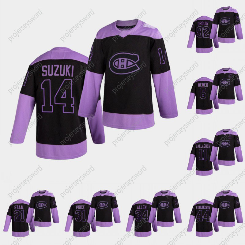 

Montreal Canadiens Nick Suzuki 2021 Hockey Fights Cancer Jersey Shea Weber Brendan Gallagher Eric Staal Cole Caufield Carey Price Tyler Toff, Black;red