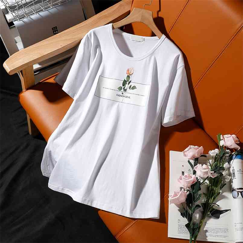 

DONAMOL Large size 5XL short-sleeve T-shirt female summer rose printing round neck cotton loose Leisure top pullovers 210708, Green