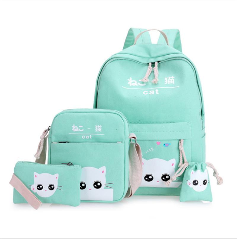 

Backpack 4pcs/Set Canvas Backpacks For Girls Boys Teenagers Female Bagpack Japan Korean Fashion Cartoon Cute Cat Oxford School Bags Kids, Black
