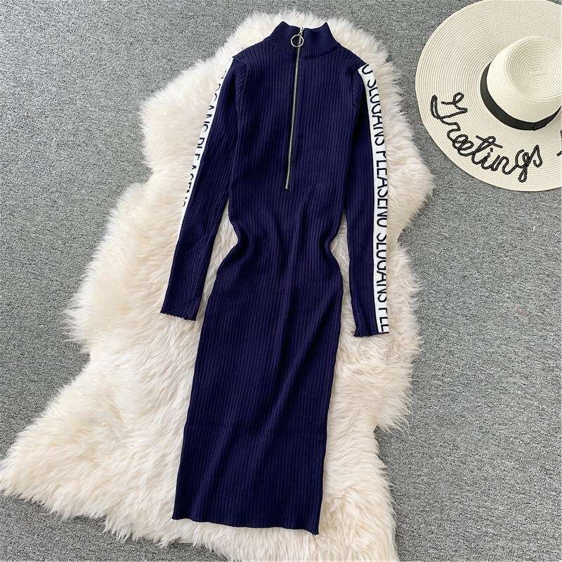 Dresses style Casual Aw embroidery stand collar zipper mid length slim fit and Hip Wrap knit dress 4445a-image-715181667